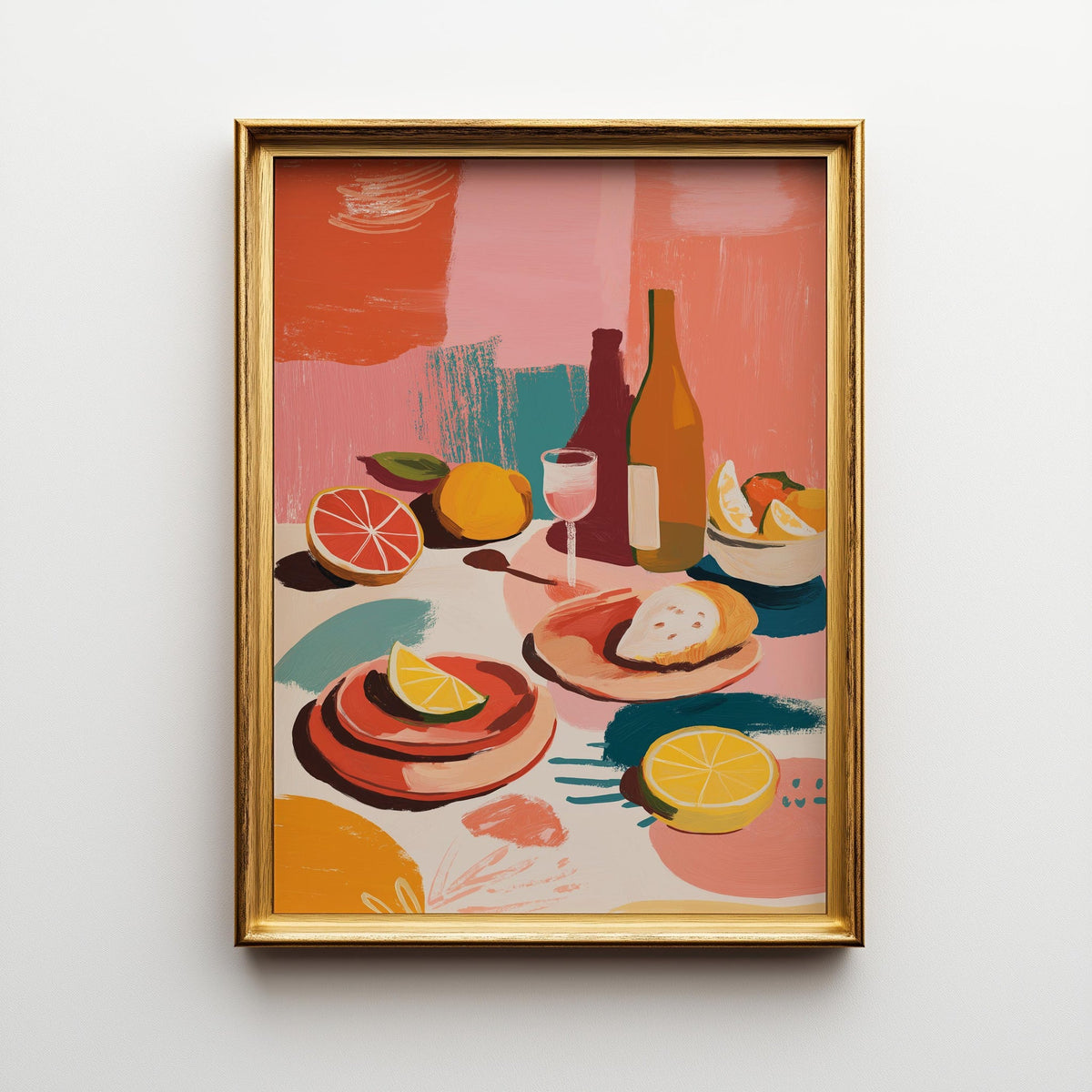 Abstract Food Print, Mediterranean Lemon Wine Poster, Colorful Kitchen Art by The Wall Art Studio - physical