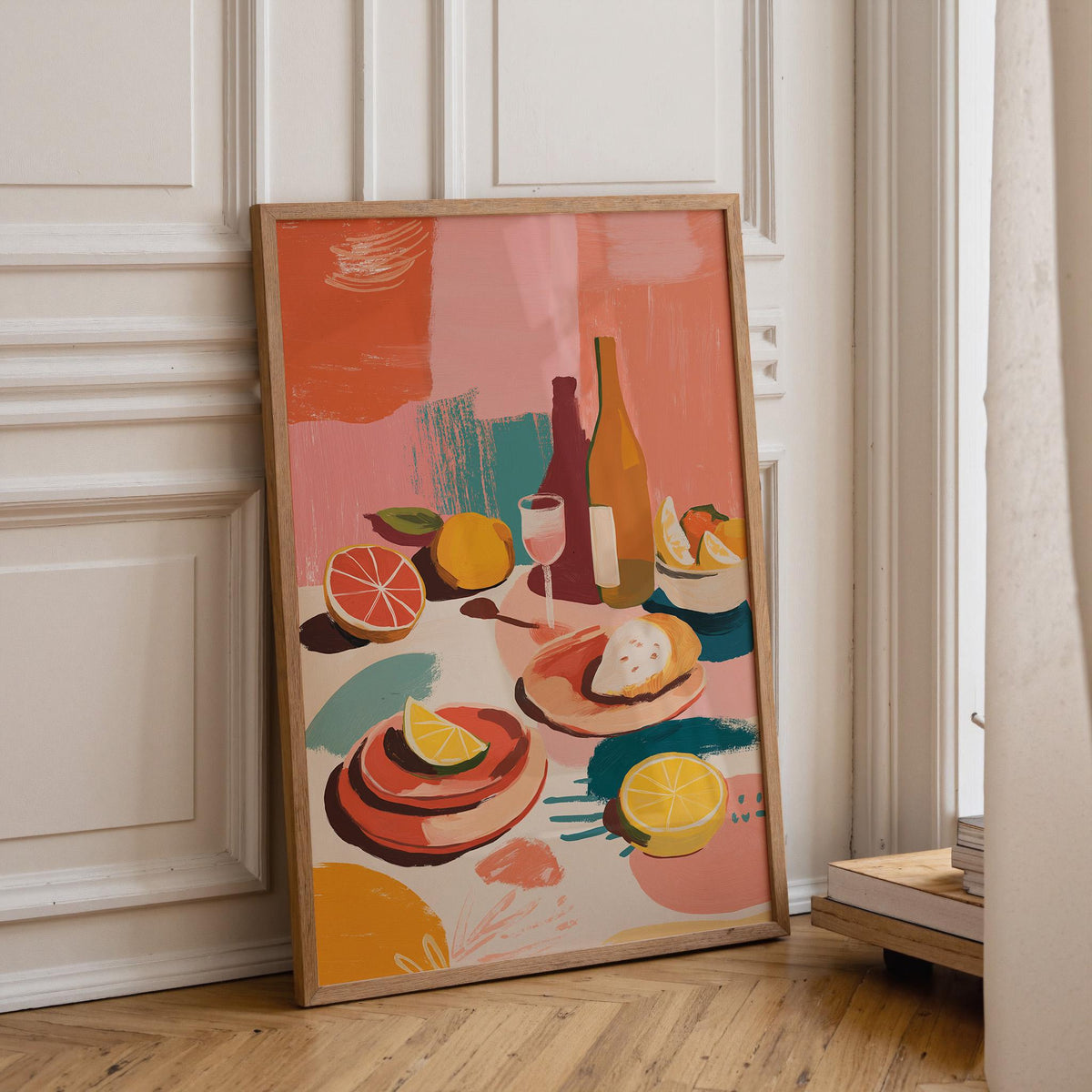 Abstract Food Print, Mediterranean Lemon Wine Poster, Colorful Kitchen Art by The Wall Art Studio - physical