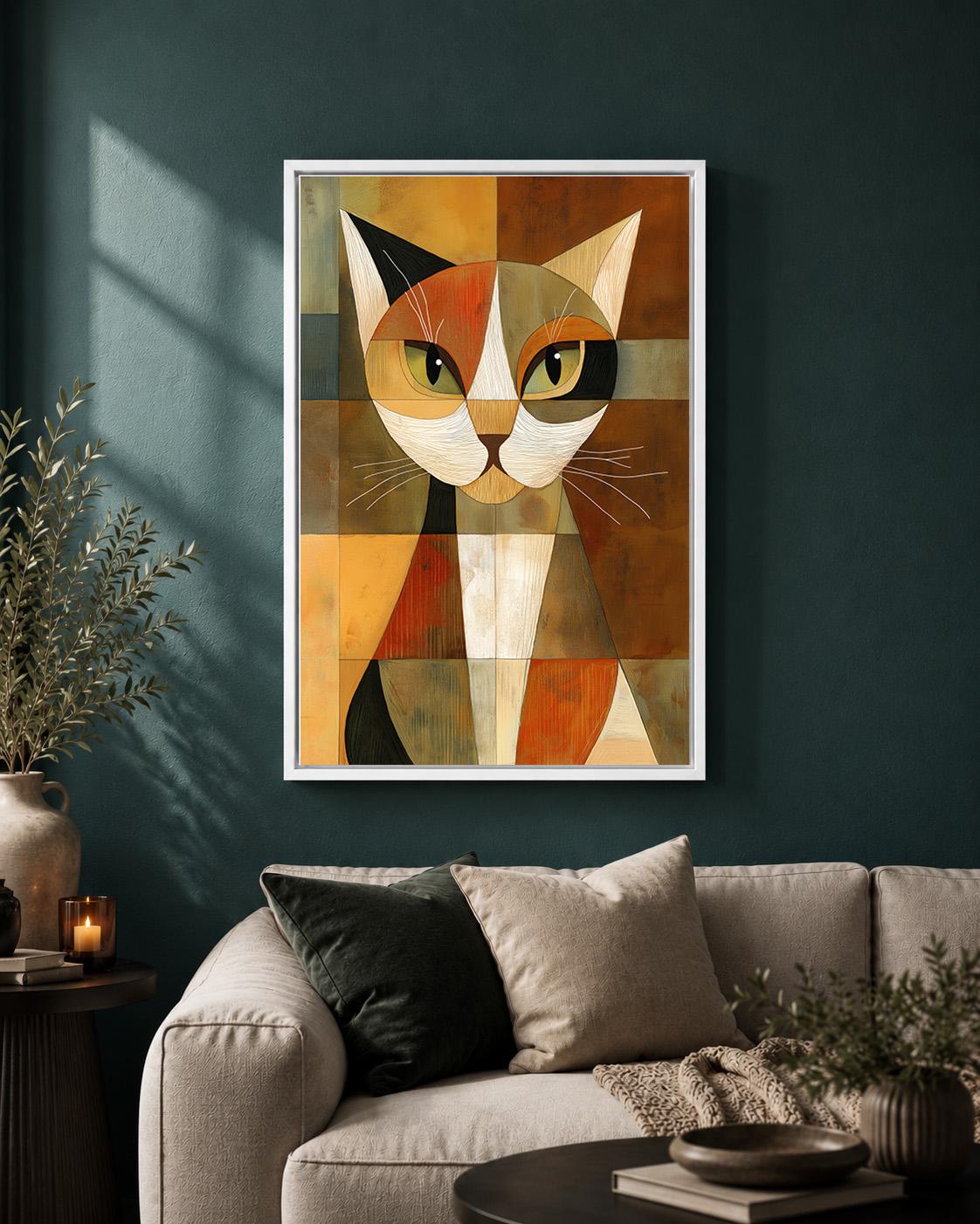 Abstract Geometric Cat Framed Canvas Art, Mid Century Modern Animal Print, Retro Pet Decor by The Wall Art Studio - physical
