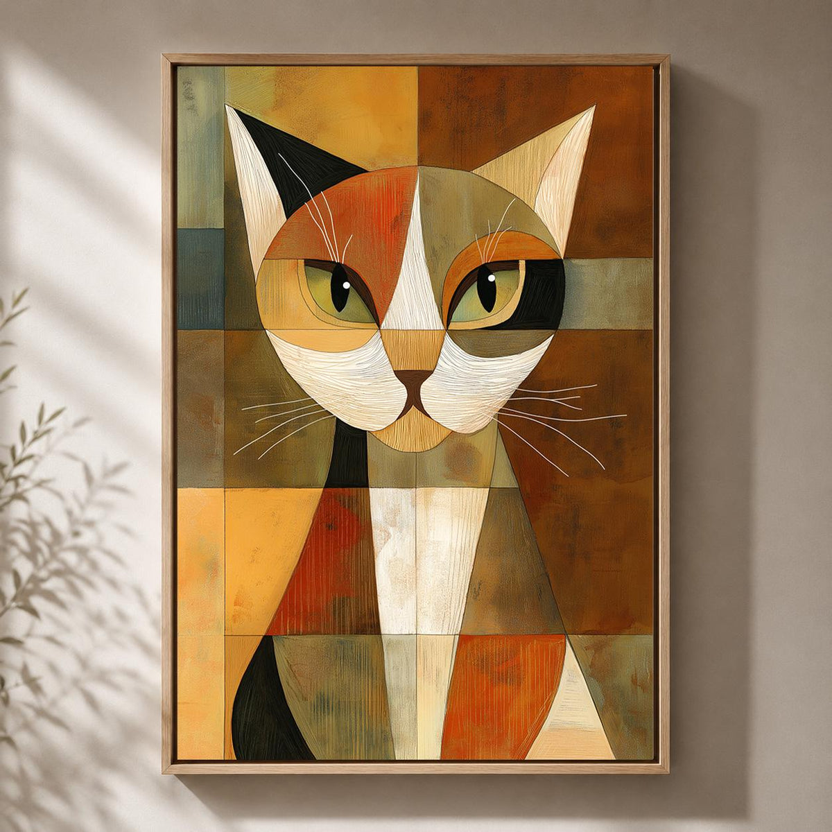 Abstract Geometric Cat Framed Canvas Art, Mid Century Modern Animal Print, Retro Pet Decor by The Wall Art Studio - physical