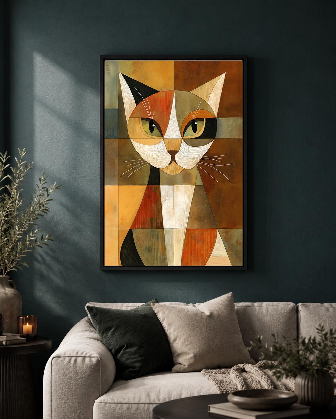 Abstract Geometric Cat Framed Canvas Art, Mid Century Modern Animal Print, Retro Pet Decor by The Wall Art Studio - physical