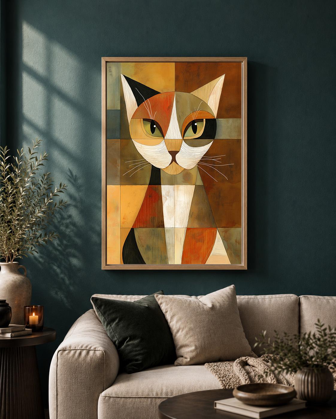 Abstract Geometric Cat Framed Canvas Art, Mid Century Modern Animal Print, Retro Pet Decor by The Wall Art Studio - physical