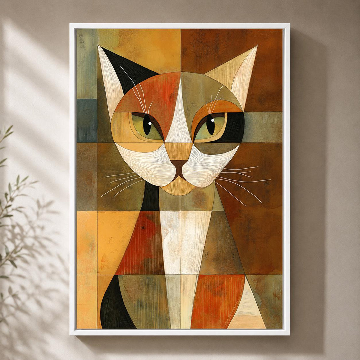 Abstract Geometric Cat Framed Canvas Art, Mid Century Modern Animal Print, Retro Pet Decor by The Wall Art Studio - physical