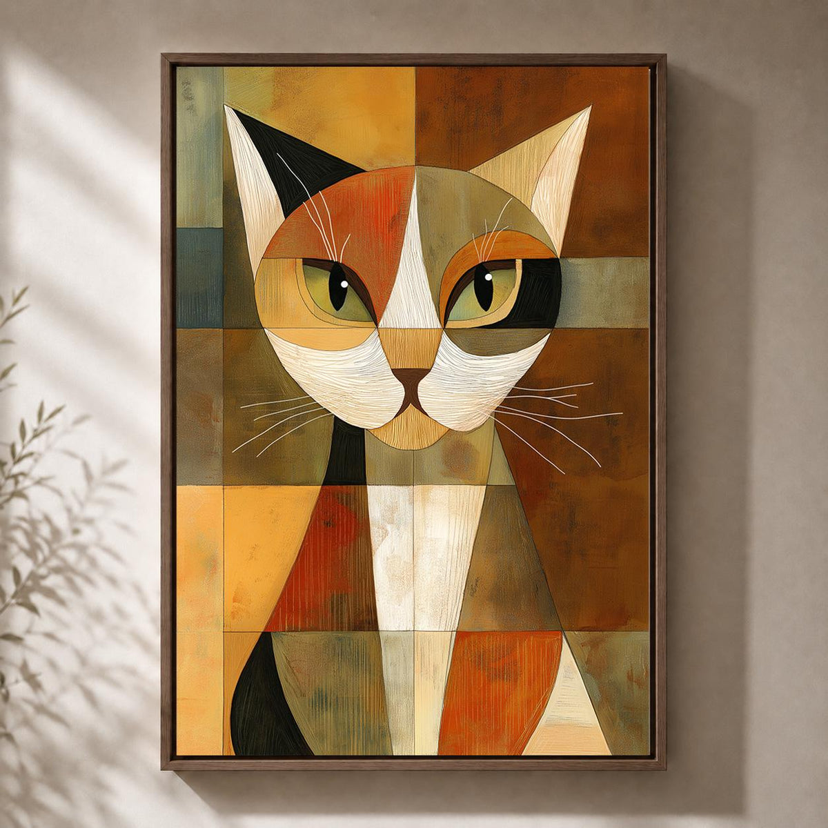 Abstract Geometric Cat Framed Canvas Art, Mid Century Modern Animal Print, Retro Pet Decor by The Wall Art Studio - physical