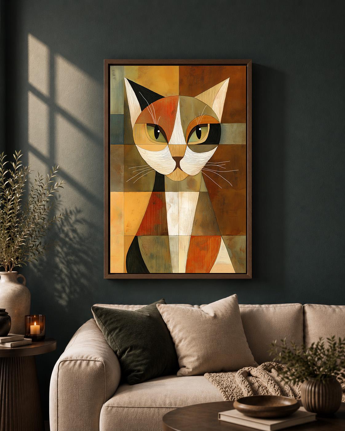 Abstract Geometric Cat Framed Canvas Art, Mid Century Modern Animal Print, Retro Pet Decor by The Wall Art Studio - physical