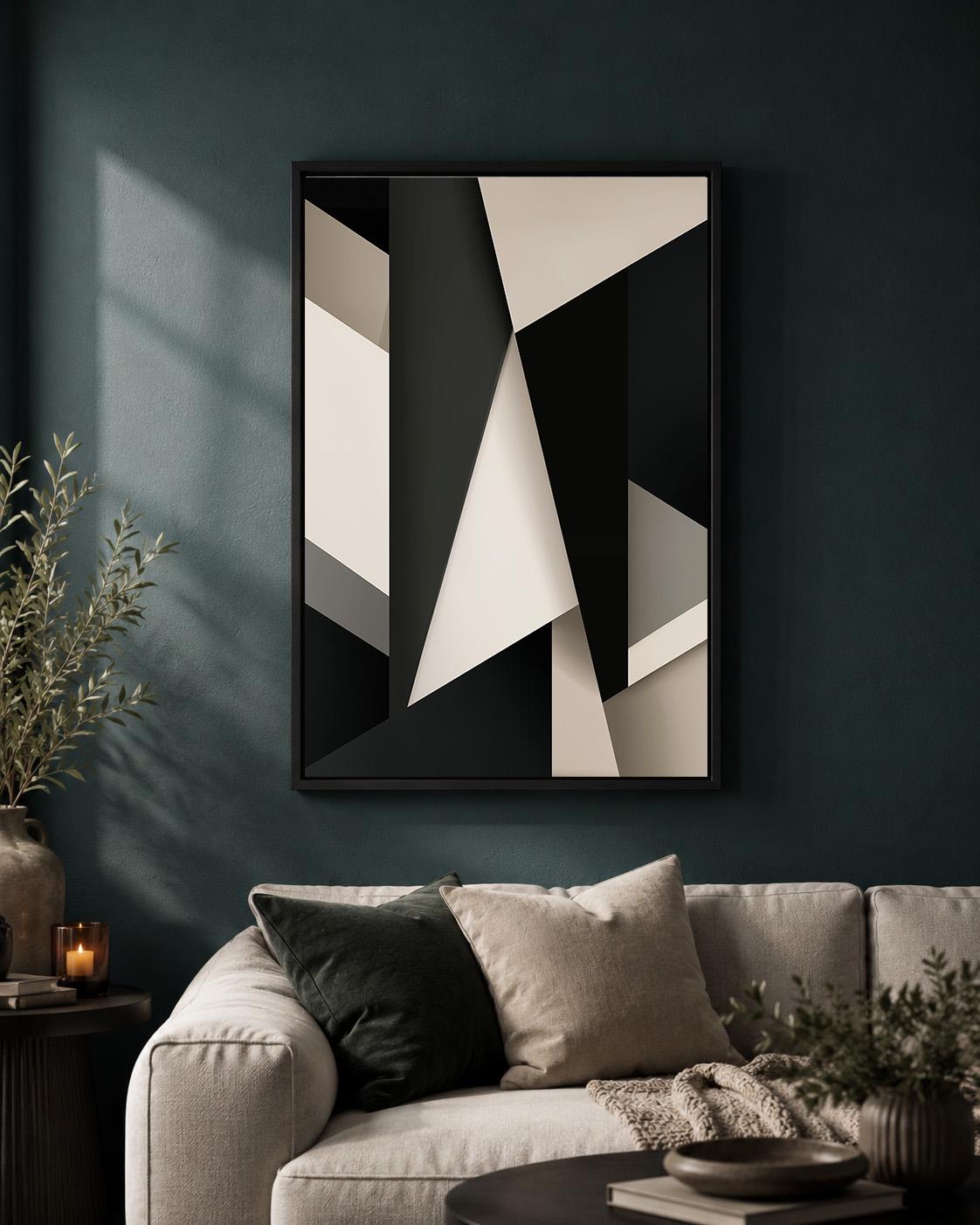 Abstract Geometric Framed Canvas Wall Art, Modern Black Beige Minimalist Living Room Home Decor by The Wall Art Studio - p...