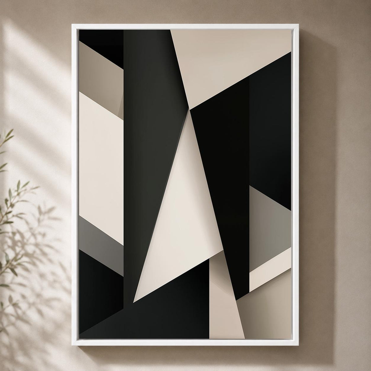 Abstract Geometric Framed Canvas Wall Art, Modern Black Beige Minimalist Living Room Home Decor by The Wall Art Studio - p...