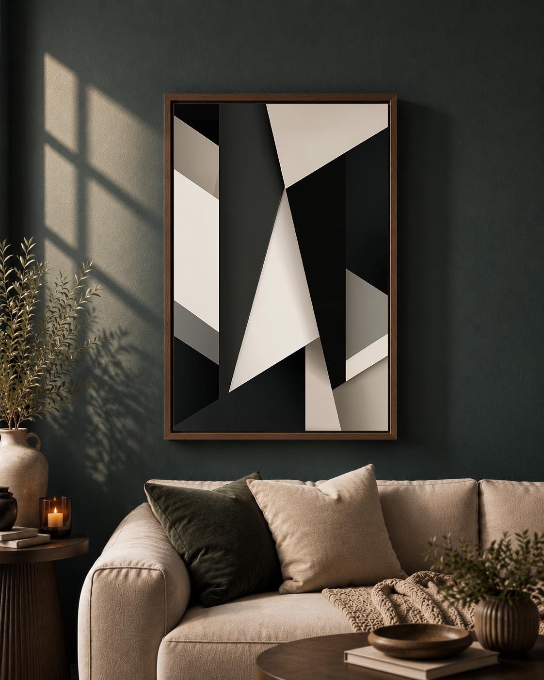 Abstract Geometric Framed Canvas Wall Art, Modern Black Beige Minimalist Living Room Home Decor by The Wall Art Studio - p...