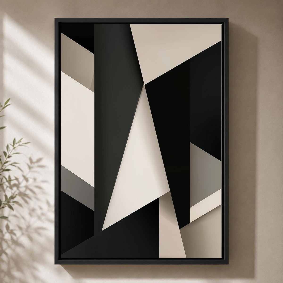 Abstract Geometric Framed Canvas Wall Art, Modern Black Beige Minimalist Living Room Home Decor by The Wall Art Studio - p...