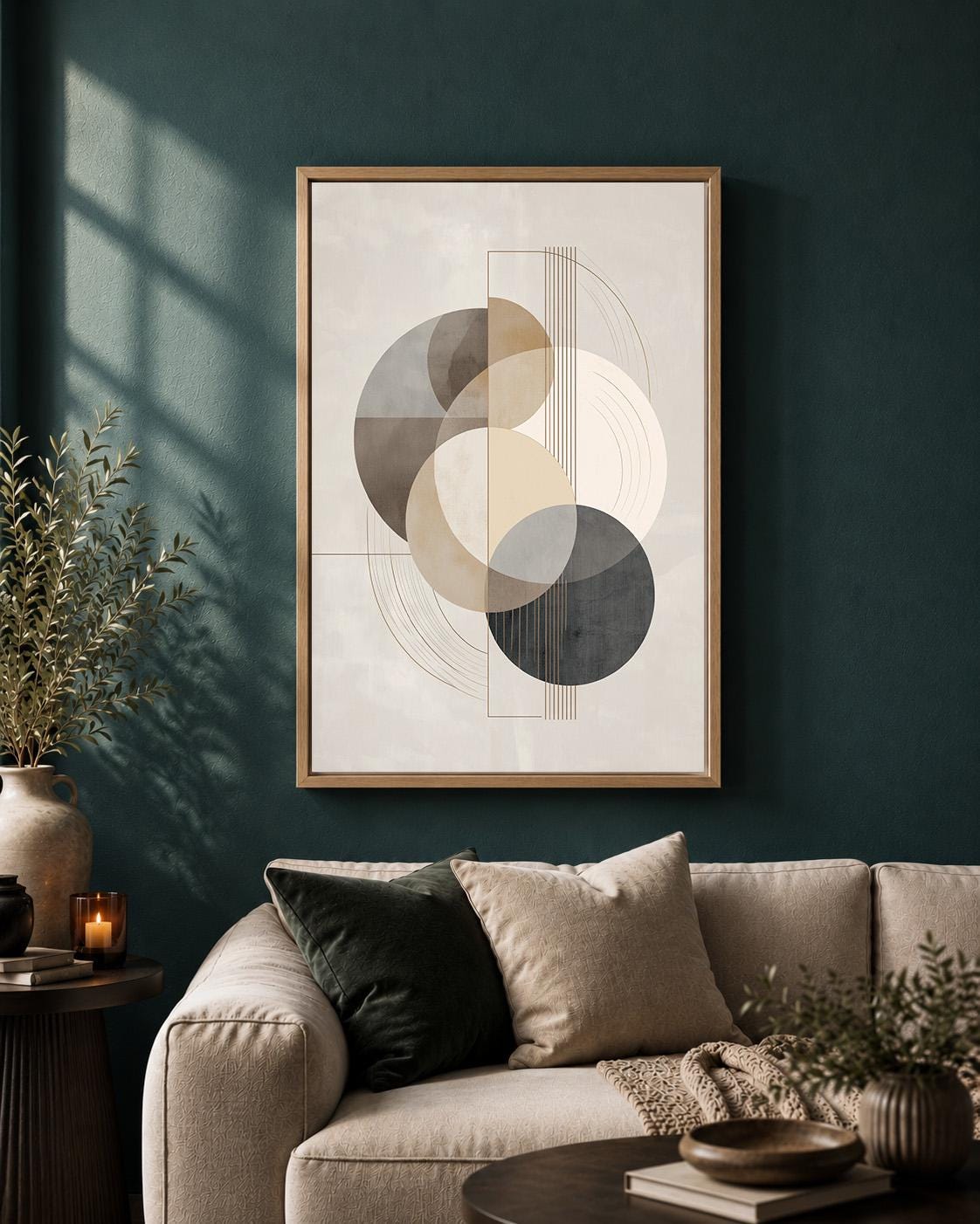 Abstract Geometric Framed Canvas Wall Art, Neutral Minimalist Framed Canvas, Modern Beige Canvas Wall Art for Living Room...