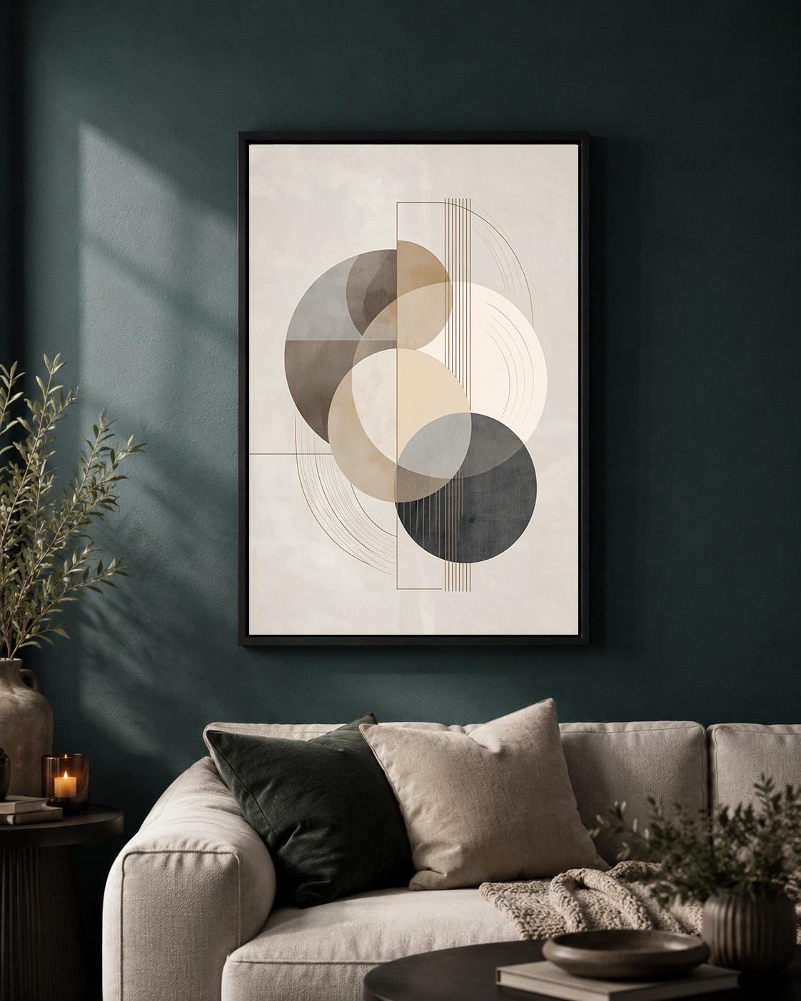 Abstract Geometric Framed Canvas Wall Art, Neutral Minimalist Framed Canvas, Modern Beige Canvas Wall Art for Living Room...