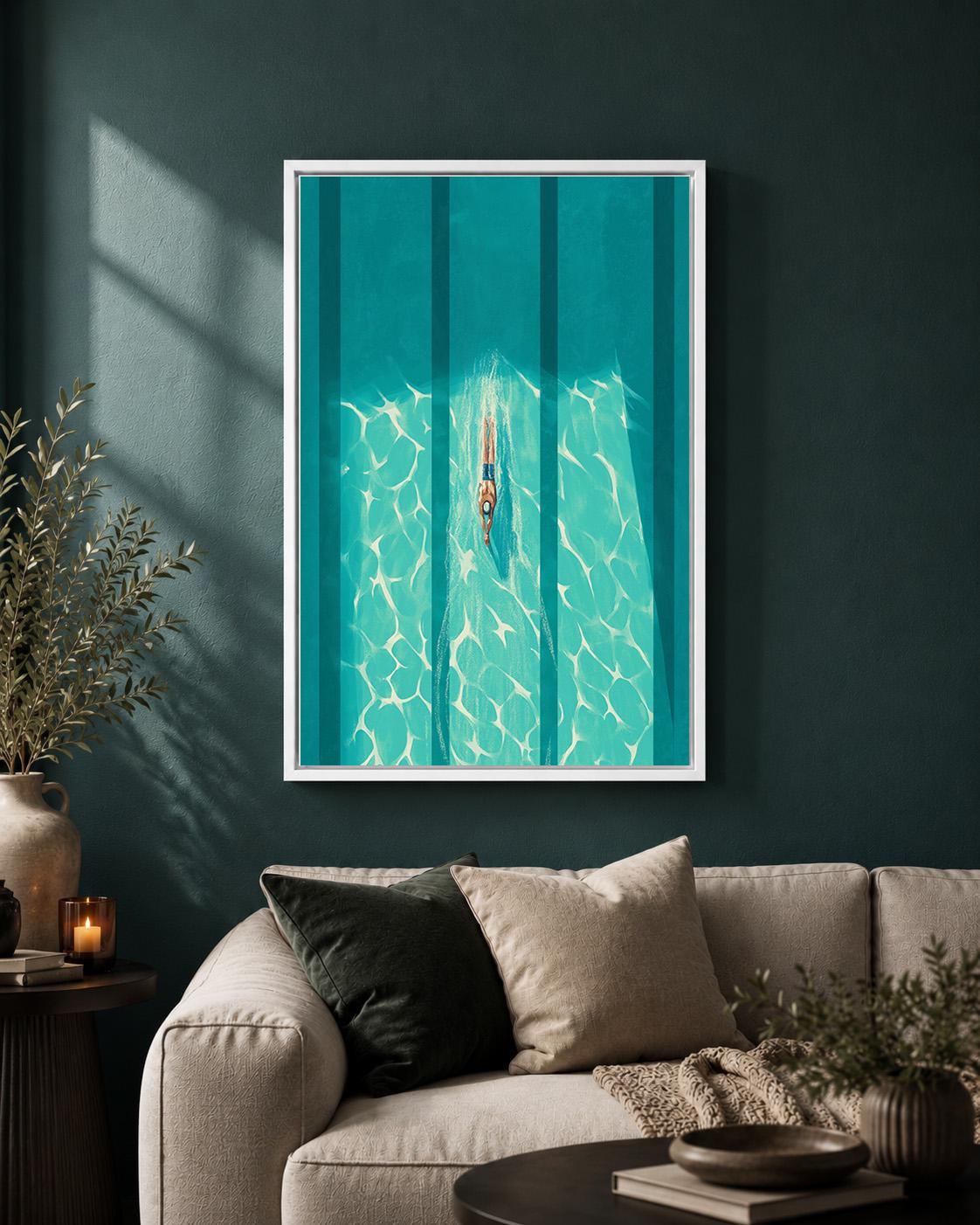 Aerial Swimmer Framed Canvas Print, Modern Coastal Pool Artwork, Minimalist Summer Decor by The Wall Art Studio - physical