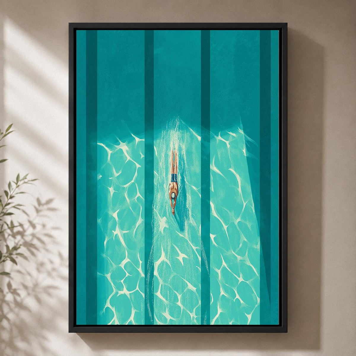 Aerial Swimmer Framed Canvas Print, Modern Coastal Pool Artwork, Minimalist Summer Decor by The Wall Art Studio - physical
