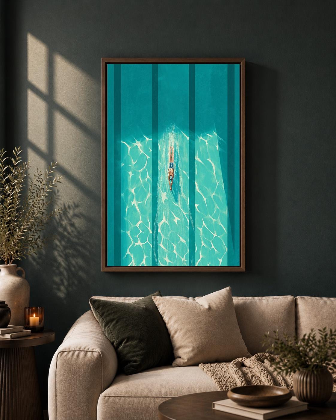 Aerial Swimmer Framed Canvas Print, Modern Coastal Pool Artwork, Minimalist Summer Decor by The Wall Art Studio - physical