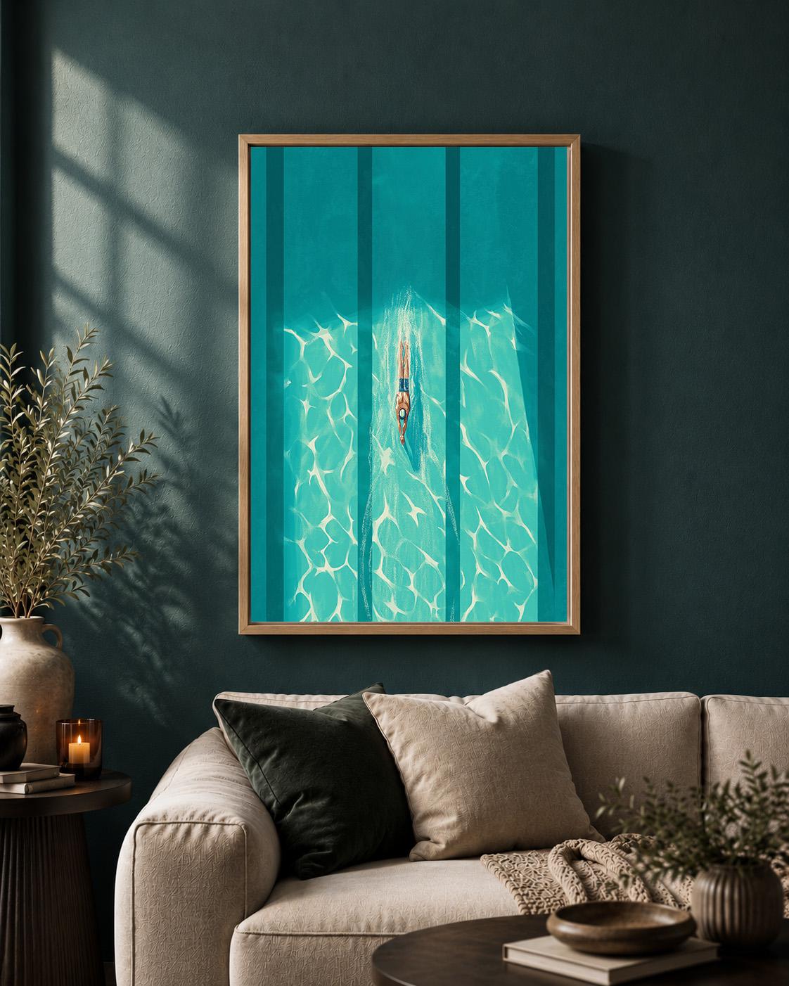 Aerial Swimmer Framed Canvas Print, Modern Coastal Pool Artwork, Minimalist Summer Decor by The Wall Art Studio - physical
