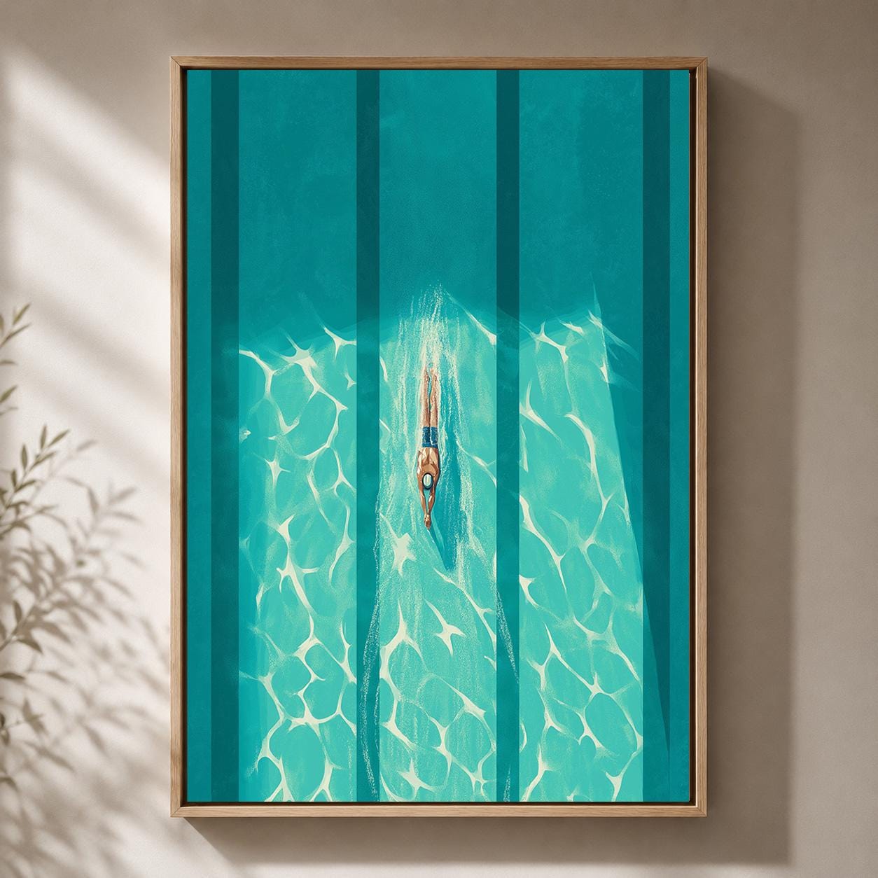Aerial Swimmer Framed Canvas Print, Modern Coastal Pool Artwork, Minimalist Summer Decor by The Wall Art Studio - physical