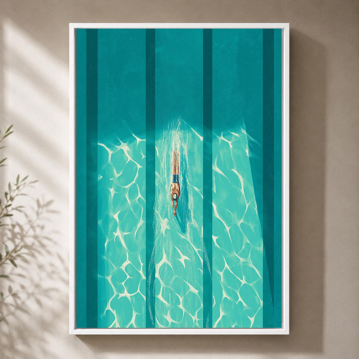 Aerial Swimmer Framed Canvas Print, Modern Coastal Pool Artwork, Minimalist Summer Decor by The Wall Art Studio - physical