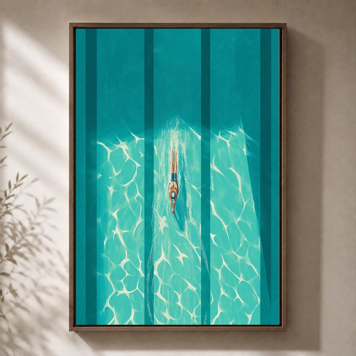 Aerial Swimmer Framed Canvas Print, Modern Coastal Pool Artwork, Minimalist Summer Decor by The Wall Art Studio - physical