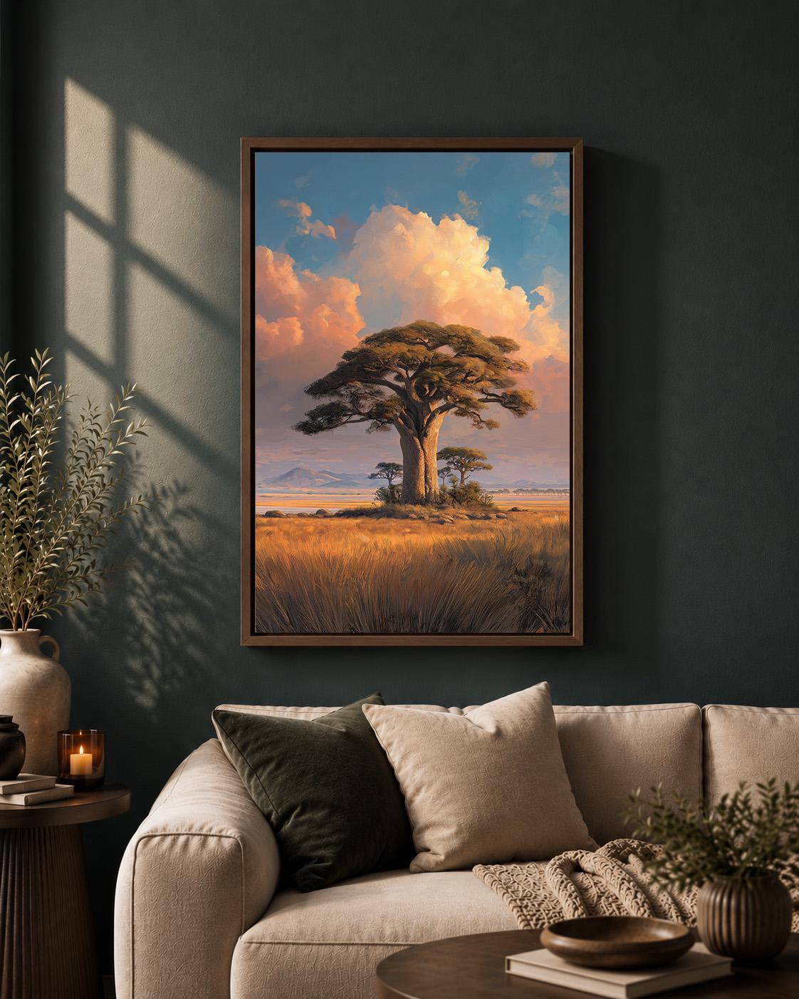 African Baobab Tree Framed Canvas Print, Sunset Savannah Landscape Artwork, Safari Decor by The Wall Art Studio - physical