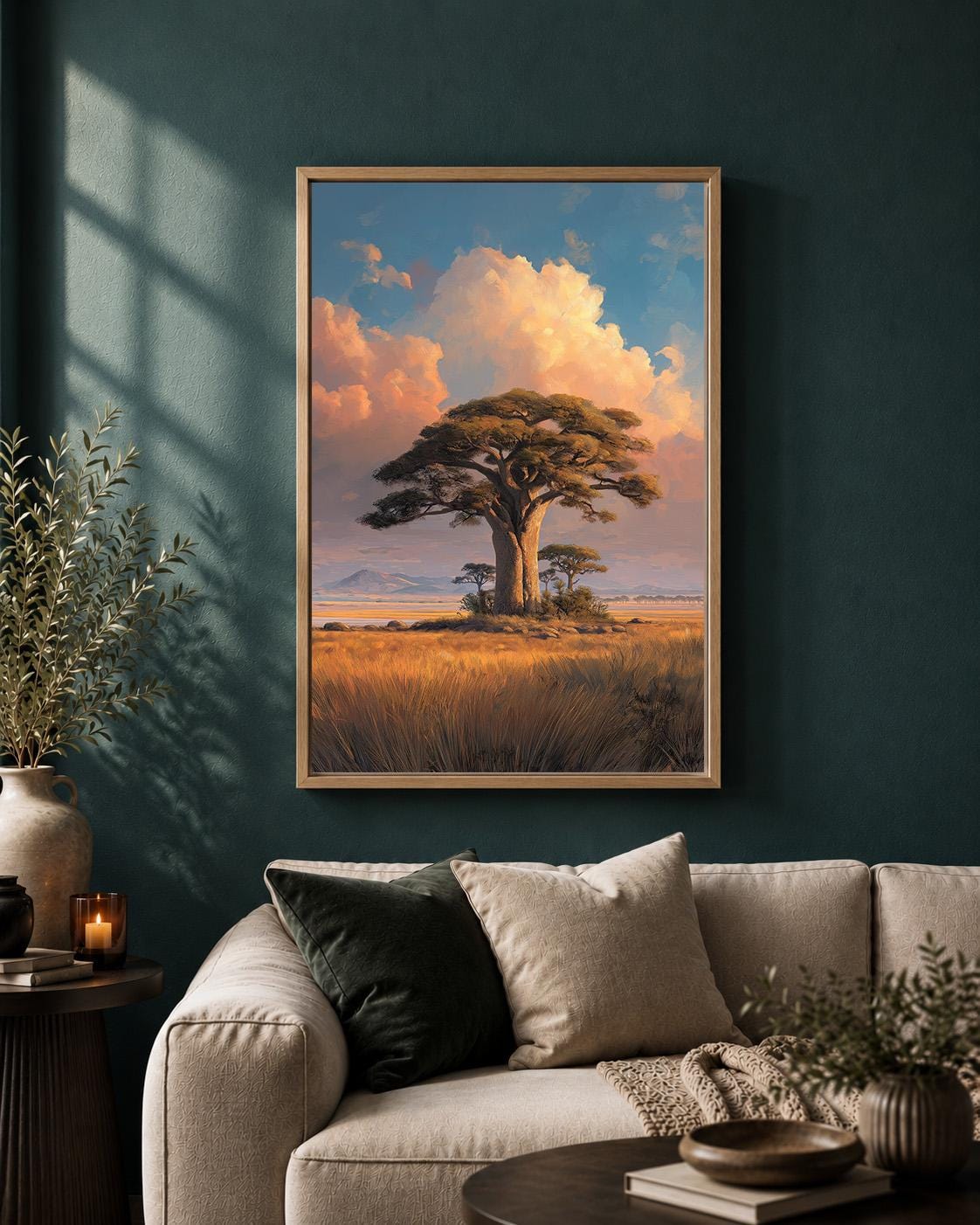 African Baobab Tree Framed Canvas Print, Sunset Savannah Landscape Artwork, Safari Decor by The Wall Art Studio - physical