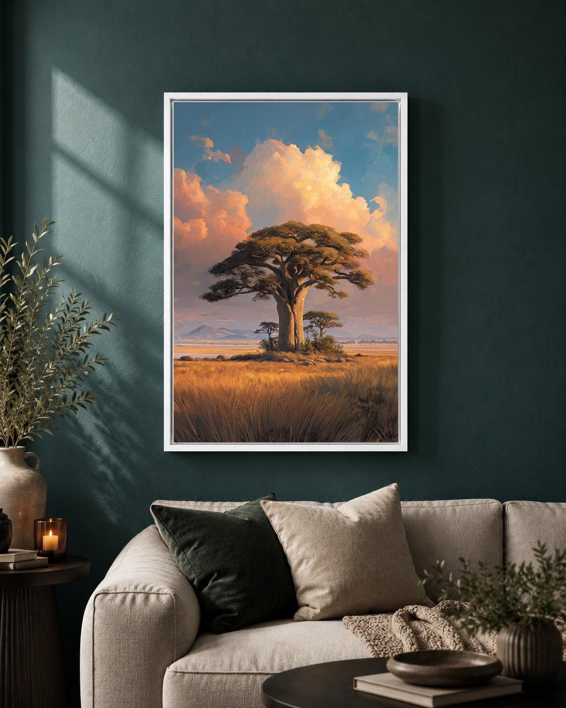 African Baobab Tree Framed Canvas Print, Sunset Savannah Landscape Artwork, Safari Decor by The Wall Art Studio - physical
