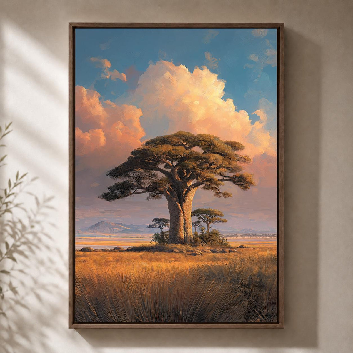African Baobab Tree Framed Canvas Print, Sunset Savannah Landscape Artwork, Safari Decor by The Wall Art Studio - physical