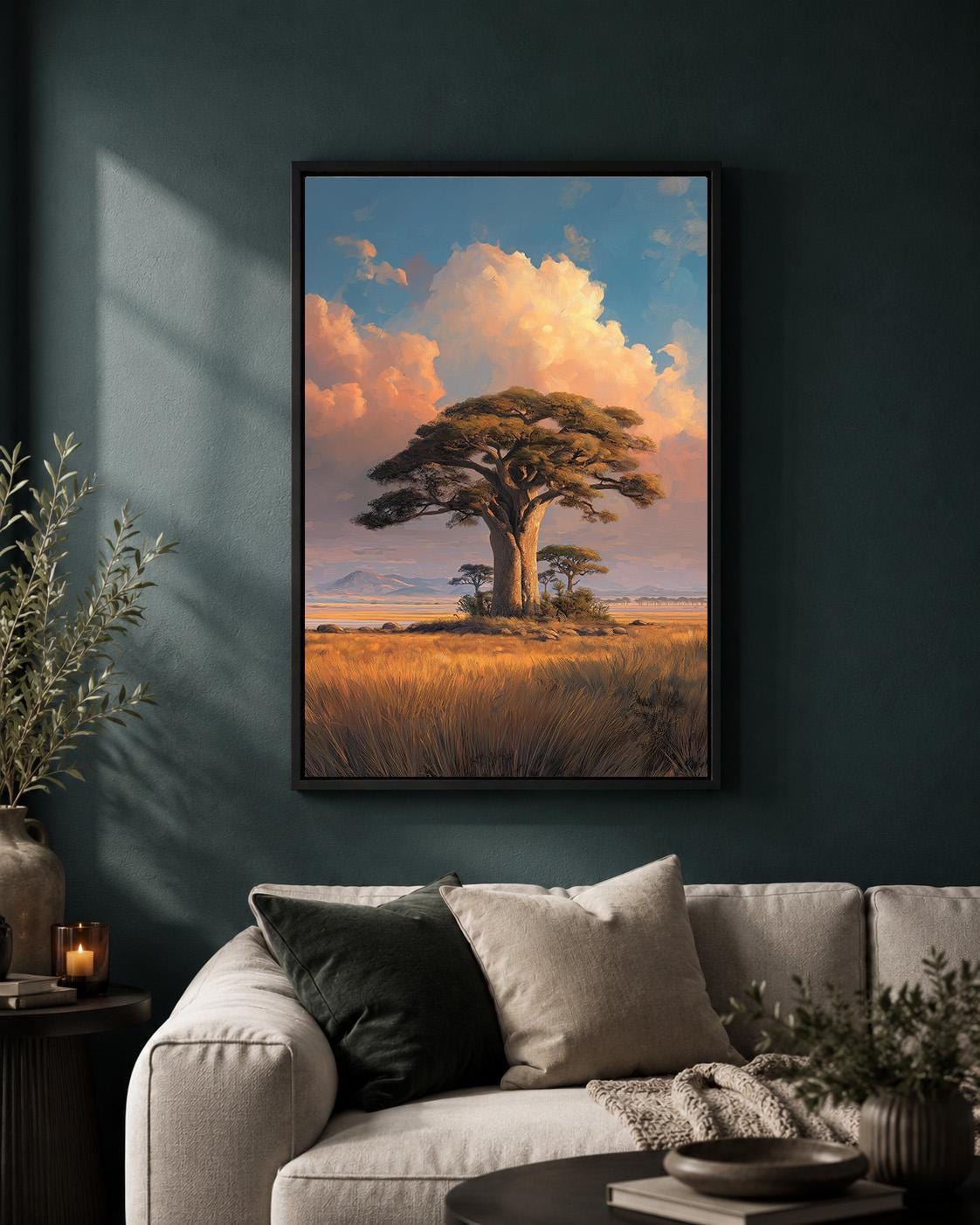 African Baobab Tree Framed Canvas Print, Sunset Savannah Landscape Artwork, Safari Decor by The Wall Art Studio - physical