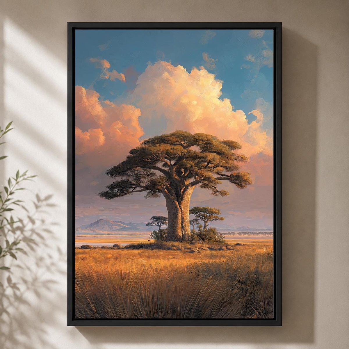 African Baobab Tree Framed Canvas Print, Sunset Savannah Landscape Artwork, Safari Decor by The Wall Art Studio - physical