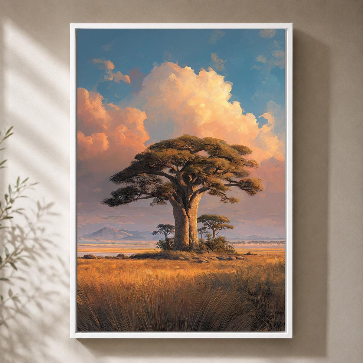 African Baobab Tree Framed Canvas Print, Sunset Savannah Landscape Artwork, Safari Decor by The Wall Art Studio - physical