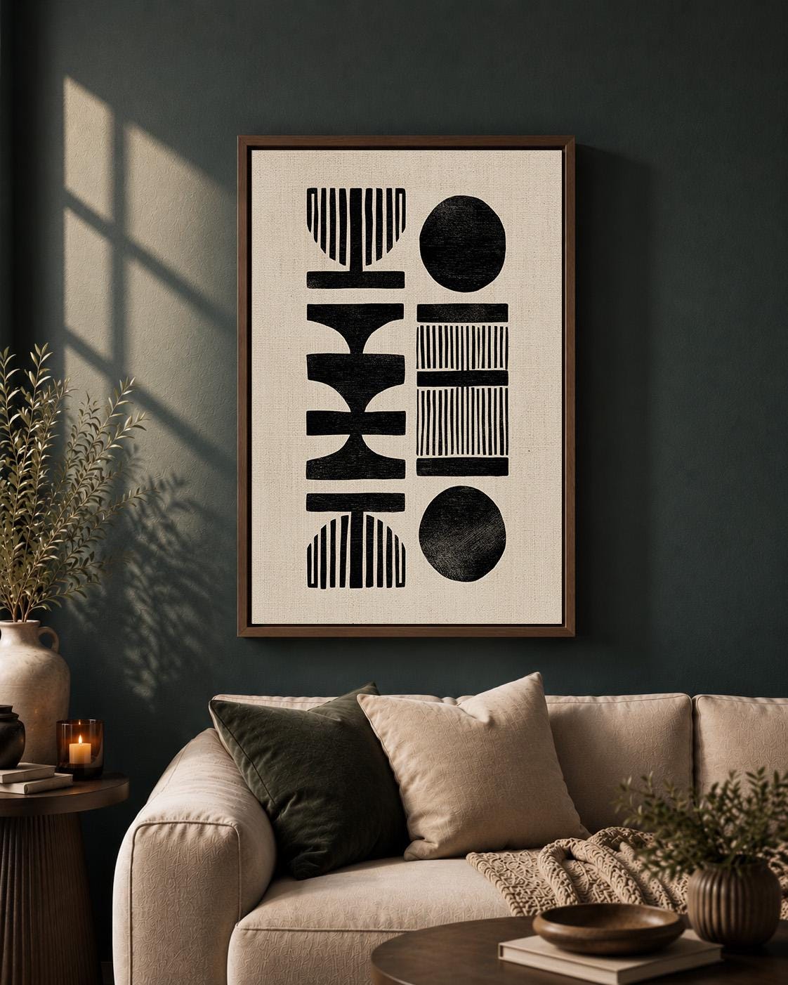 African Mud Cloth Style Framed Canvas Art, Neutral Tribal Geometric Print by The Wall Art Studio - physical