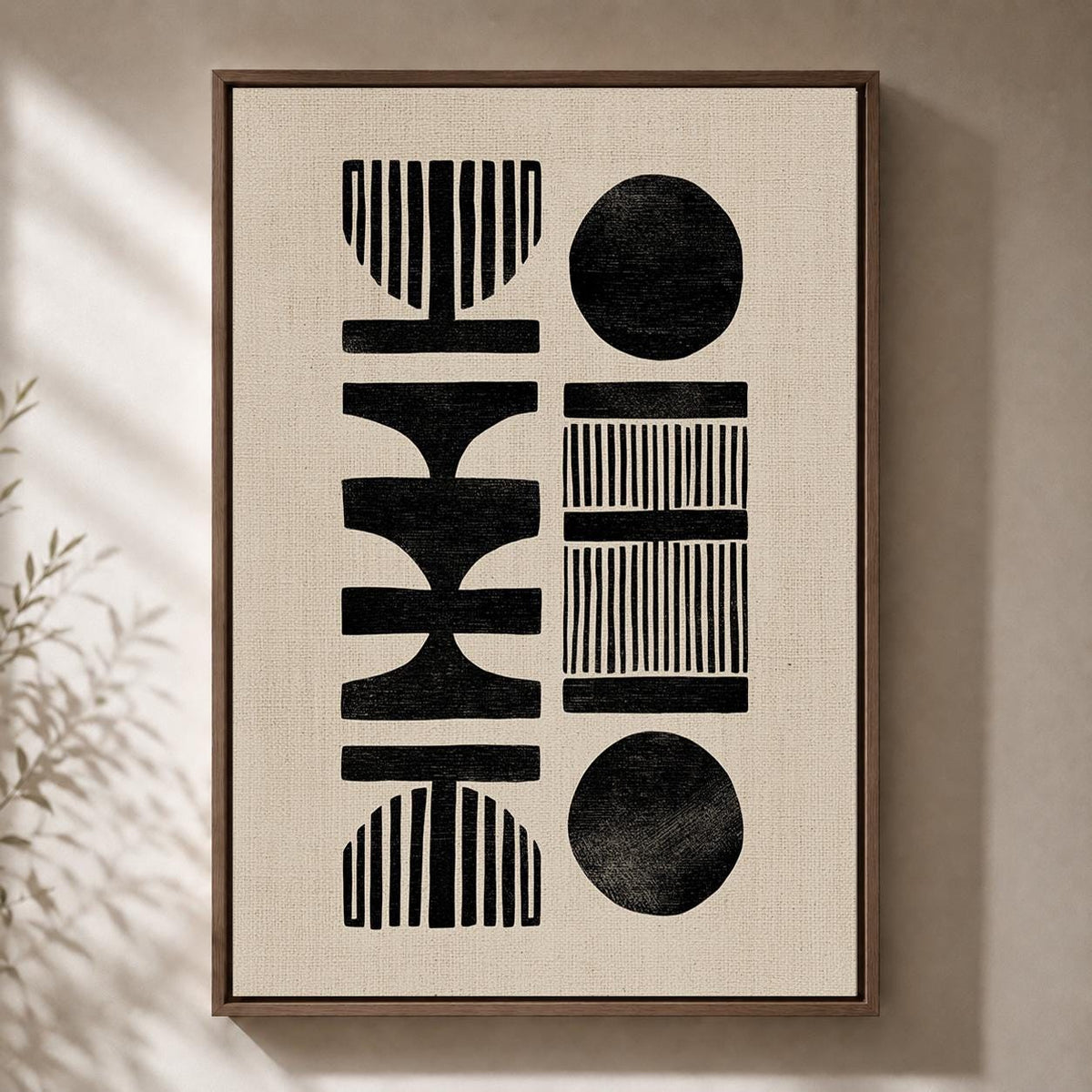 African Mud Cloth Style Framed Canvas Art, Neutral Tribal Geometric Print by The Wall Art Studio - physical