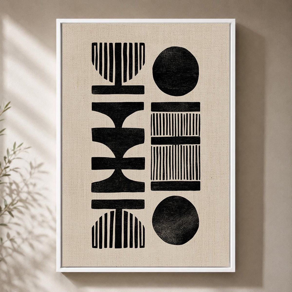 African Mud Cloth Style Framed Canvas Art, Neutral Tribal Geometric Print by The Wall Art Studio - physical