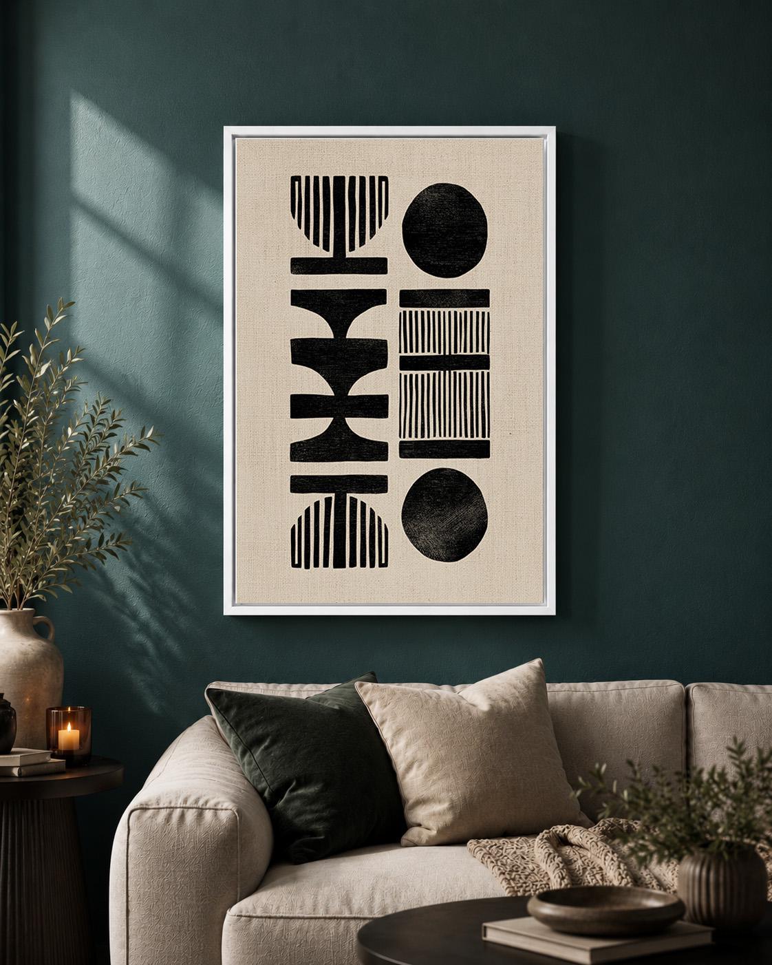 African Mud Cloth Style Framed Canvas Art, Neutral Tribal Geometric Print by The Wall Art Studio - physical
