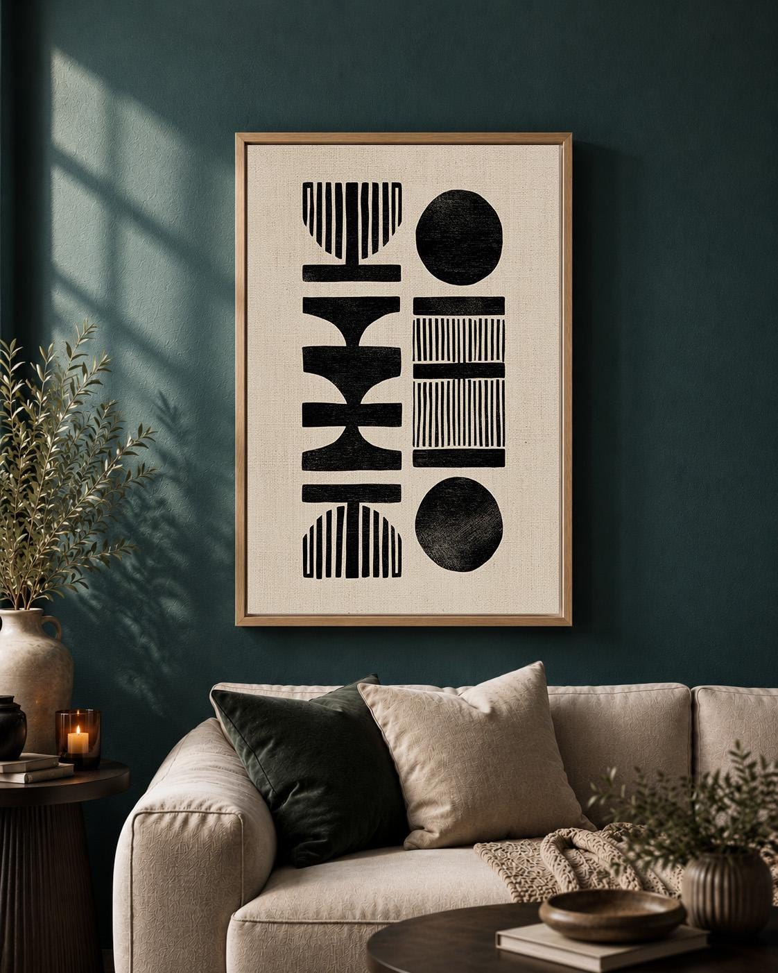 African Mud Cloth Style Framed Canvas Art, Neutral Tribal Geometric Print by The Wall Art Studio - physical