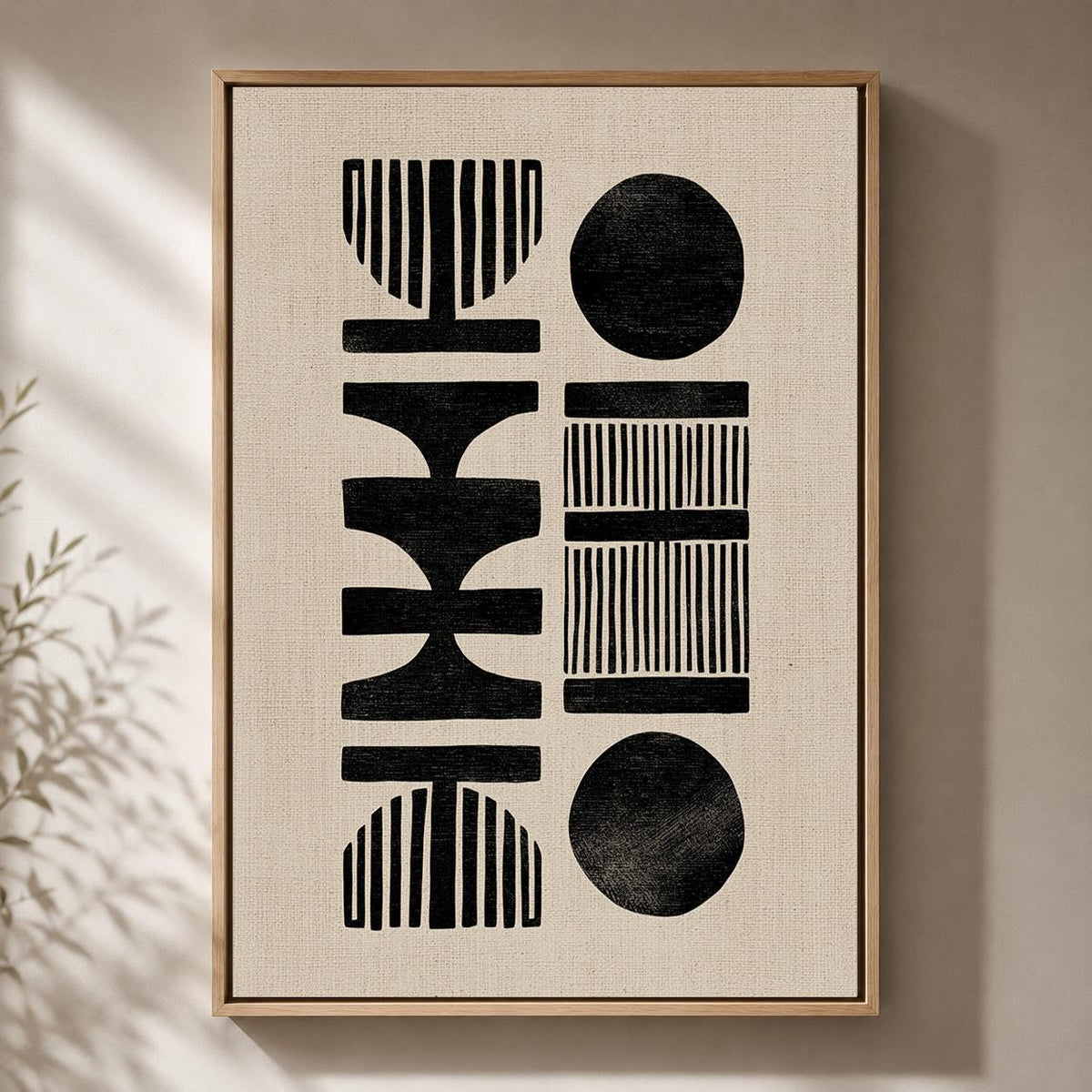African Mud Cloth Style Framed Canvas Art, Neutral Tribal Geometric Print by The Wall Art Studio - physical