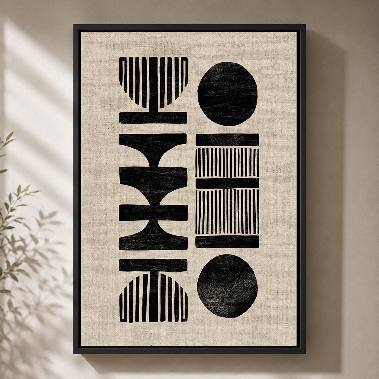African Mud Cloth Style Framed Canvas Art, Neutral Tribal Geometric Print by The Wall Art Studio - physical