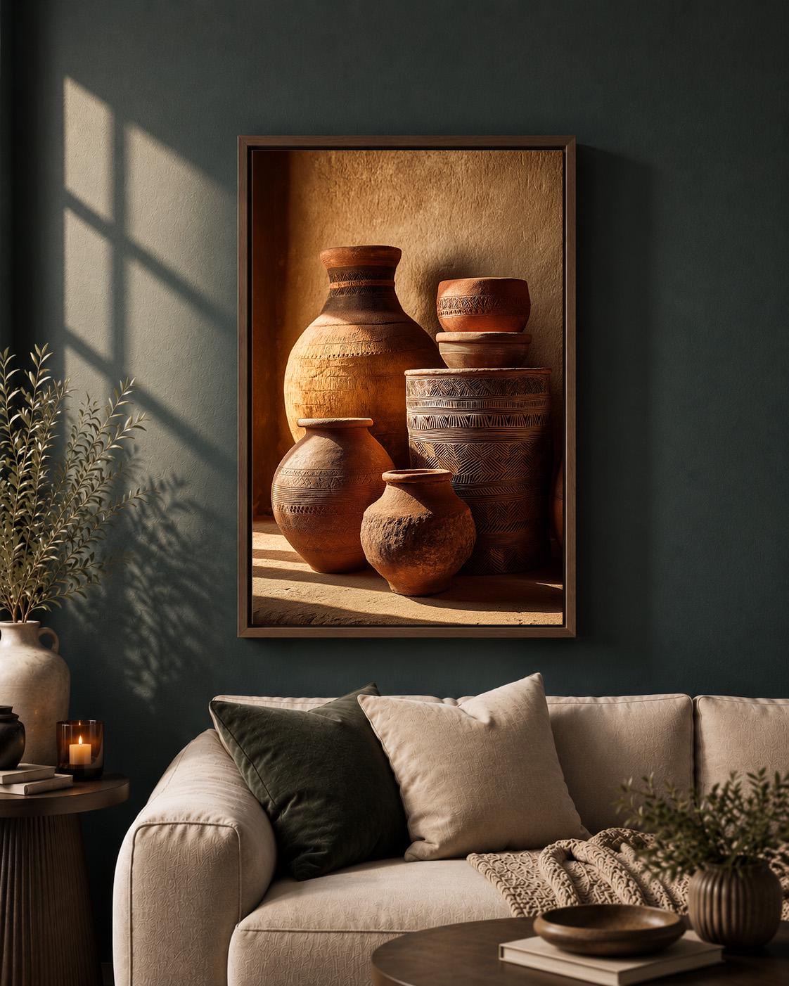 African Pottery Framed Canvas, Terracotta Vase Wall Art, Earth Tone Boho Print by The Wall Art Studio - physical