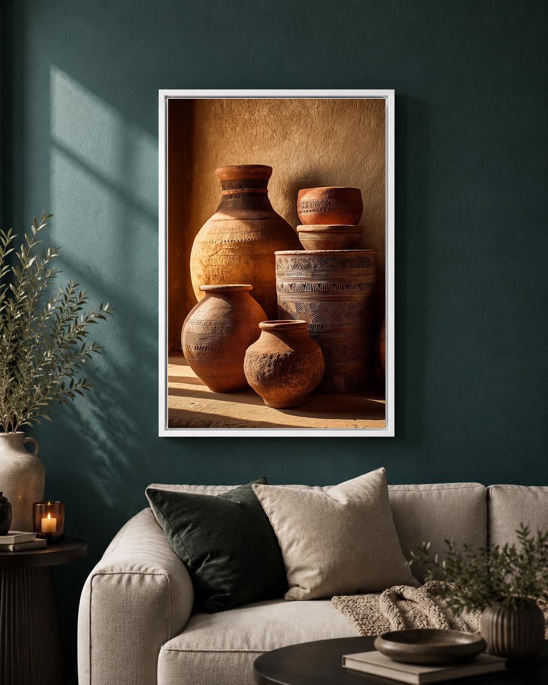 African Pottery Framed Canvas, Terracotta Vase Wall Art, Earth Tone Boho Print by The Wall Art Studio - physical