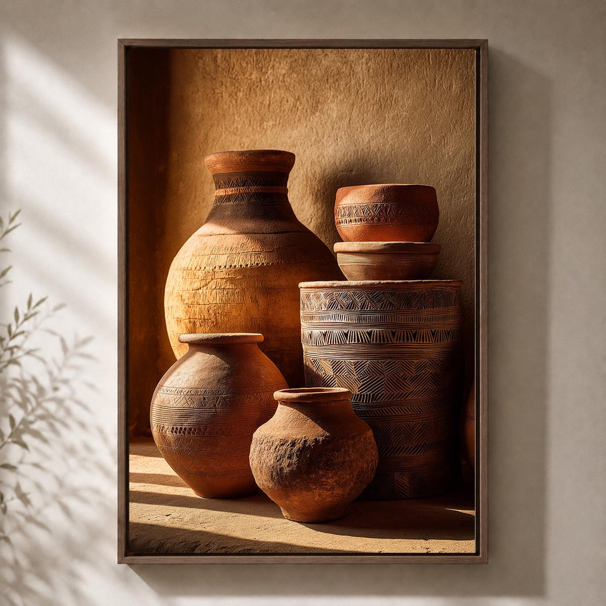 African Pottery Framed Canvas, Terracotta Vase Wall Art, Earth Tone Boho Print by The Wall Art Studio - physical