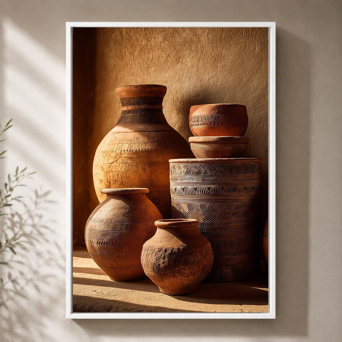 African Pottery Framed Canvas, Terracotta Vase Wall Art, Earth Tone Boho Print by The Wall Art Studio - physical