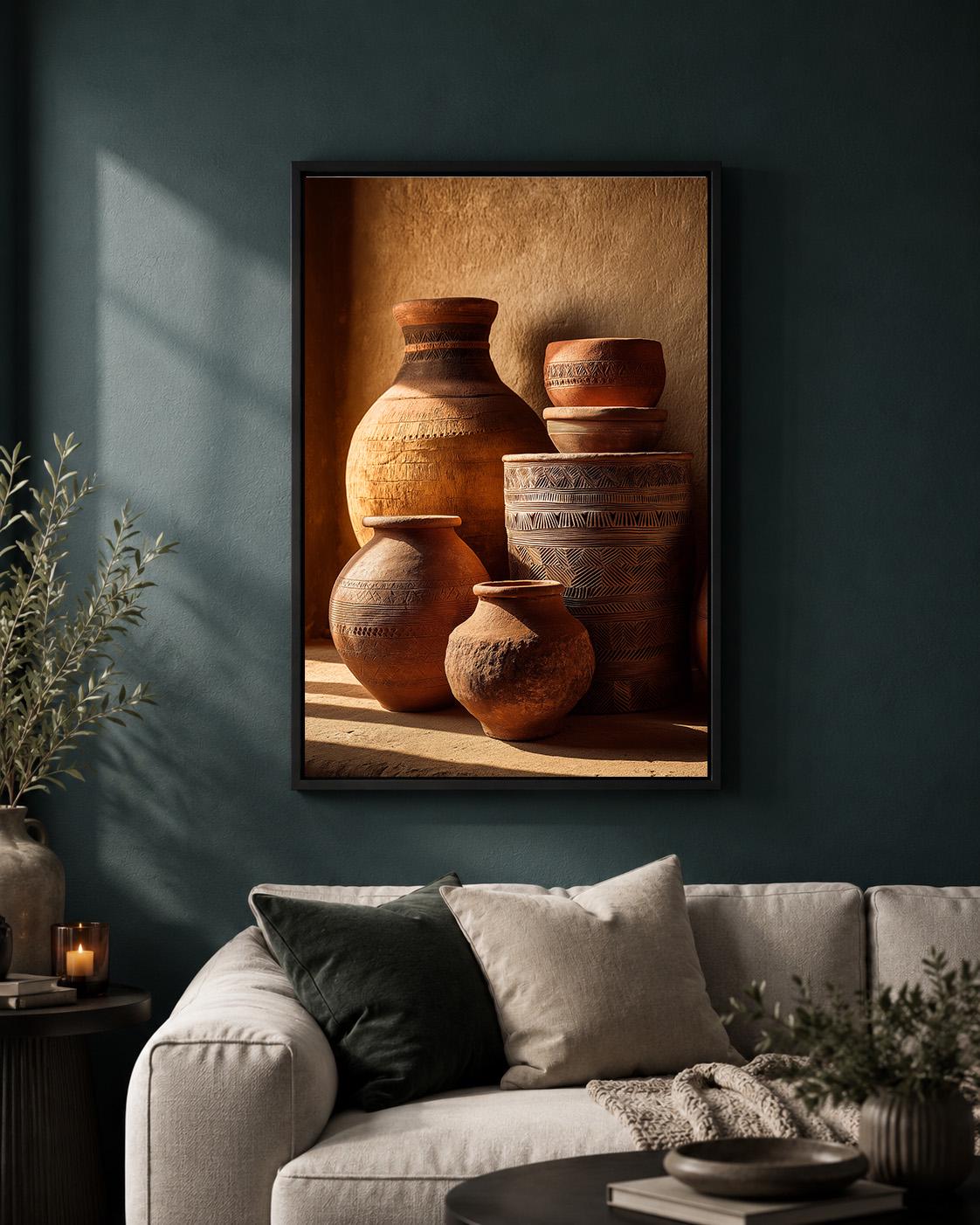 African Pottery Framed Canvas, Terracotta Vase Wall Art, Earth Tone Boho Print by The Wall Art Studio - physical