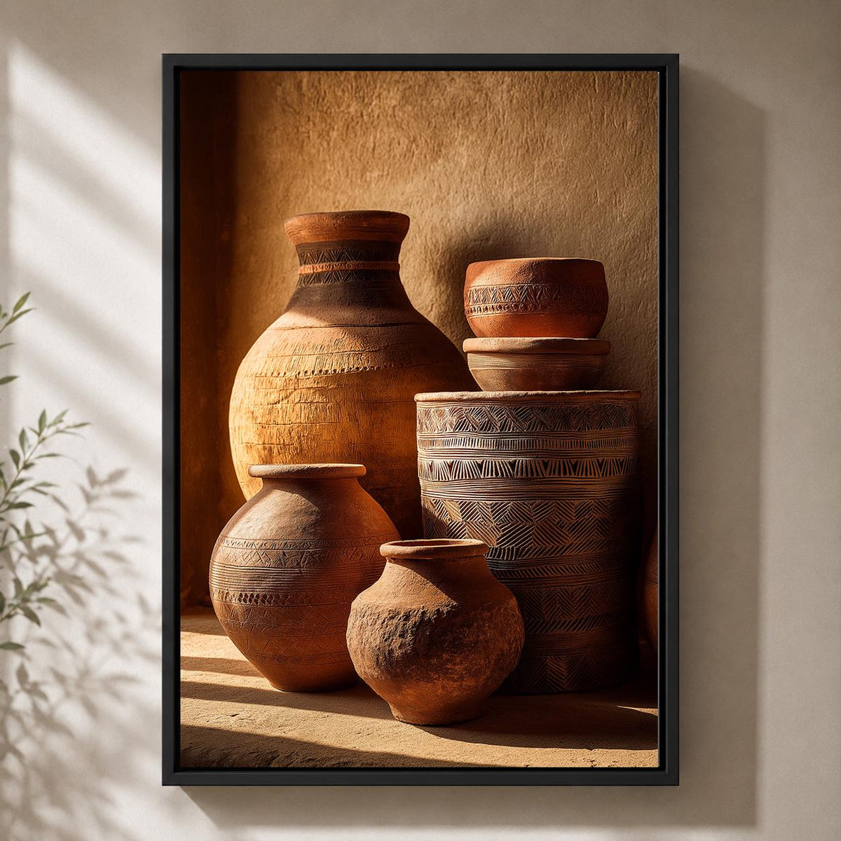 African Pottery Framed Canvas, Terracotta Vase Wall Art, Earth Tone Boho Print by The Wall Art Studio - physical