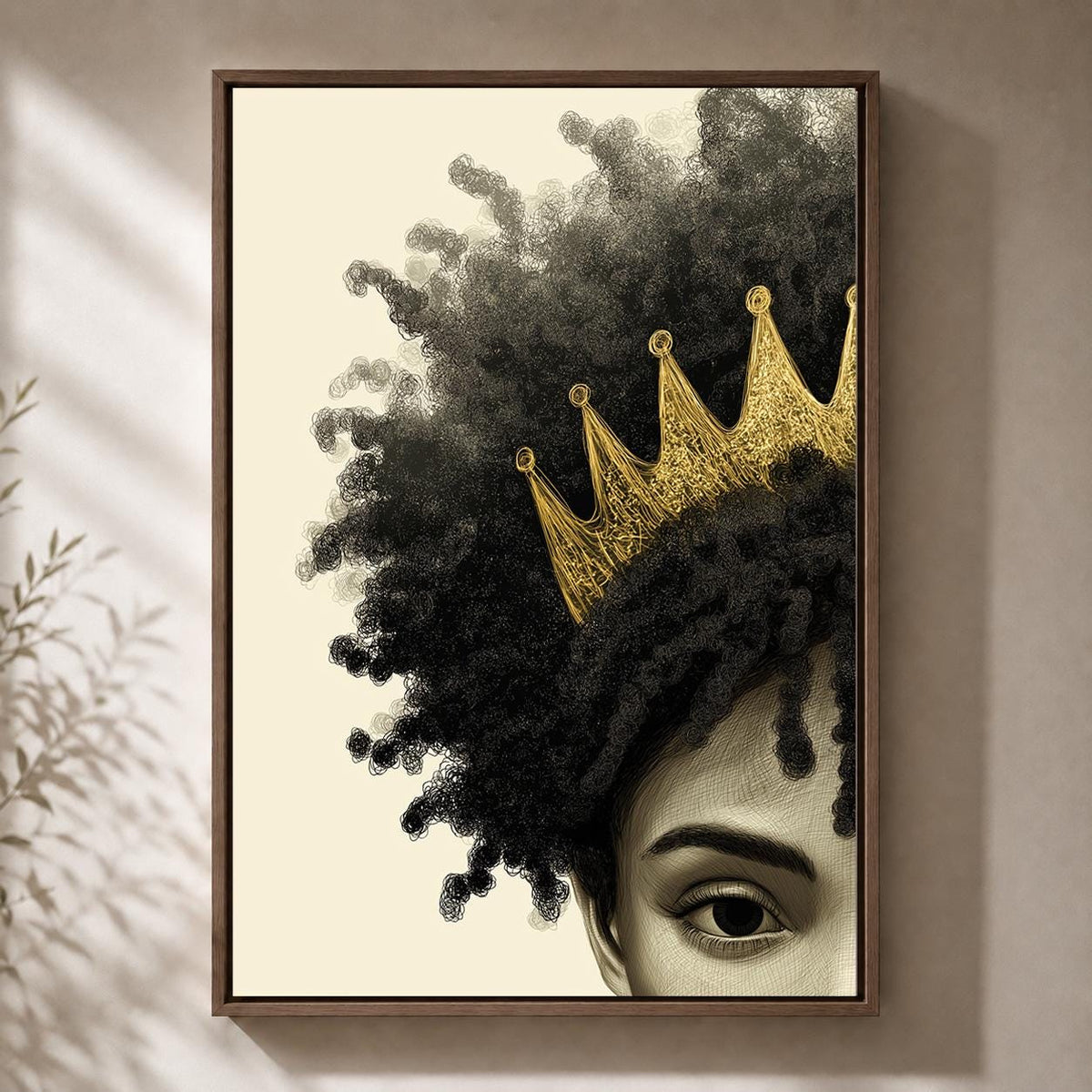 Afrocentric Queen Framed Canvas, Black Woman Crown Wall Art, African Queen Portrait, Gold Crown Framed Canvas Print by The...