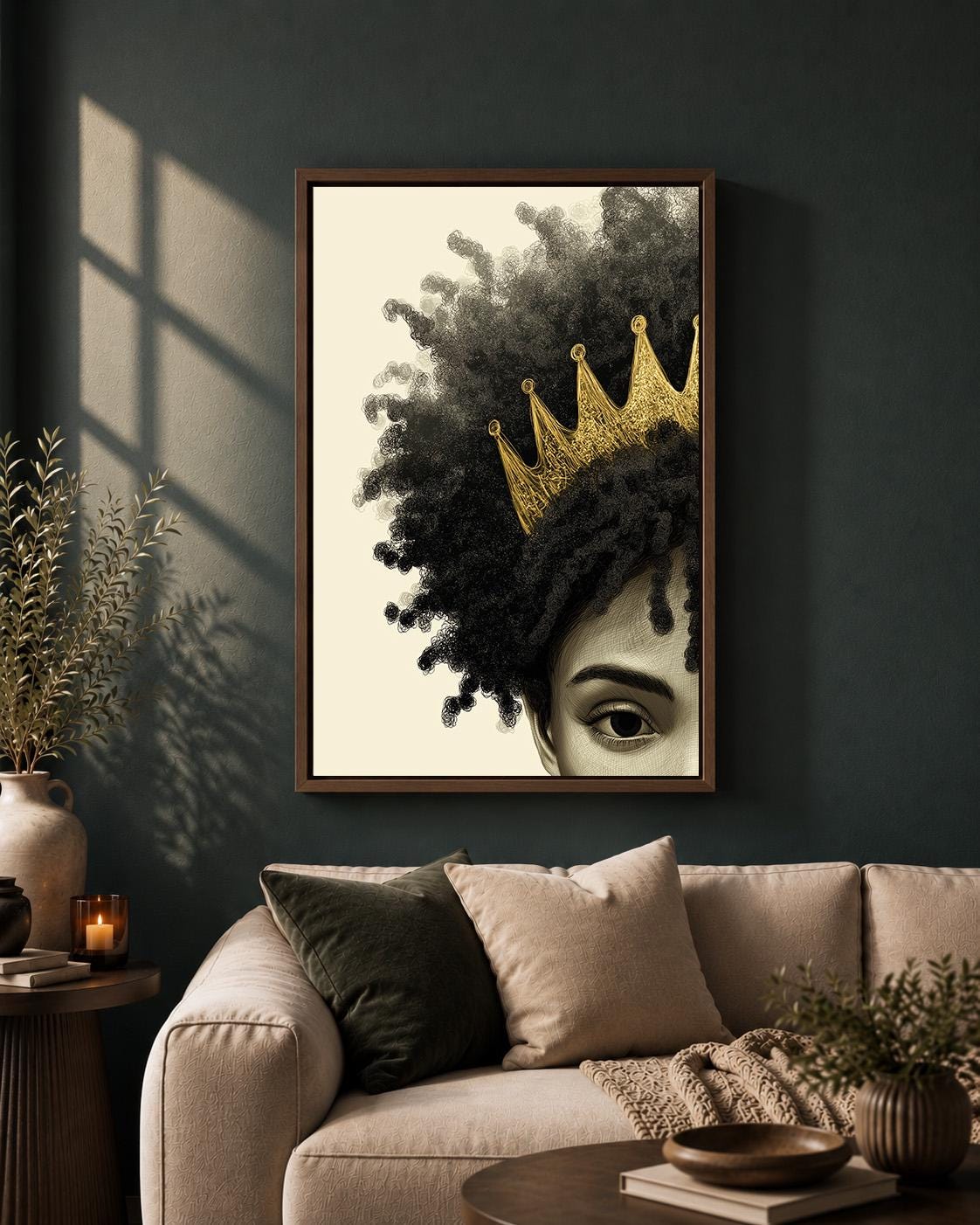 Afrocentric Queen Framed Canvas, Black Woman Crown Wall Art, African Queen Portrait, Gold Crown Framed Canvas Print by The...