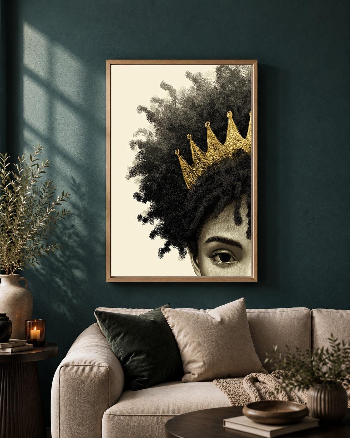 Afrocentric Queen Framed Canvas, Black Woman Crown Wall Art, African Queen Portrait, Gold Crown Framed Canvas Print by The...