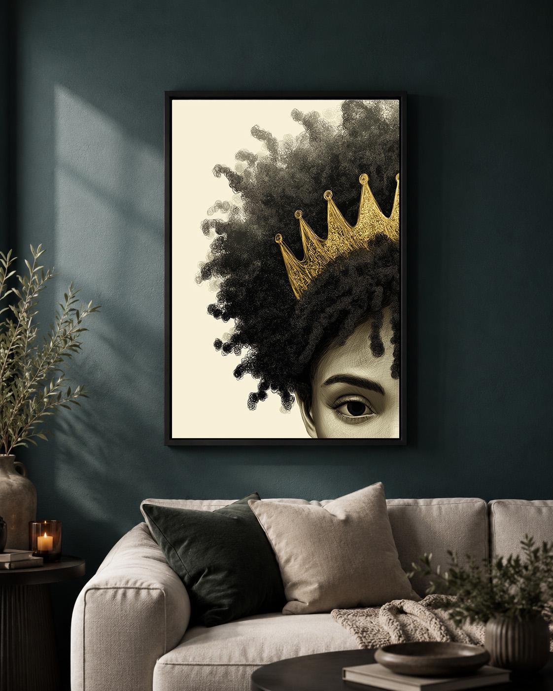 Afrocentric Queen Framed Canvas, Black Woman Crown Wall Art, African Queen Portrait, Gold Crown Framed Canvas Print by The...