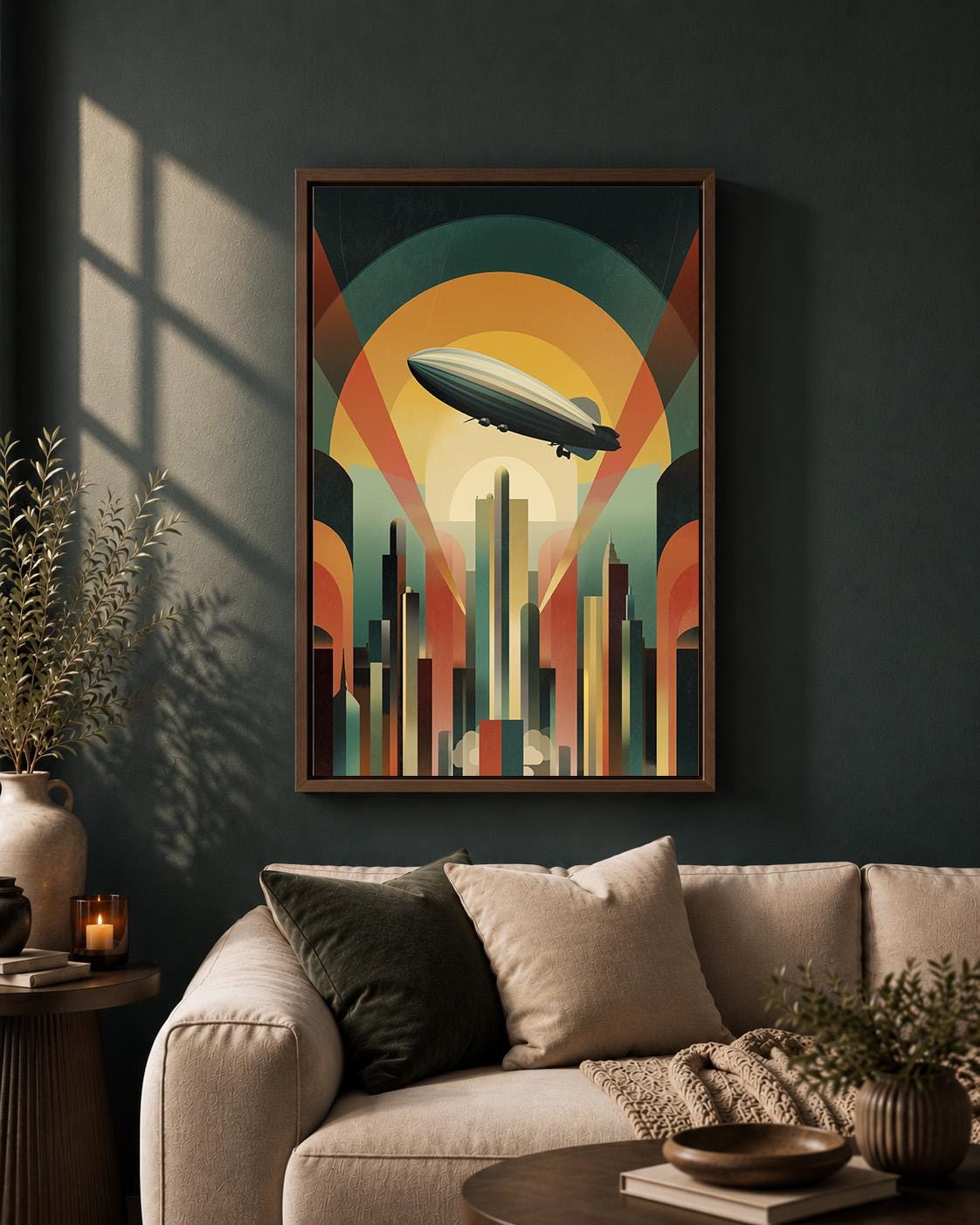 Art Deco Airship Framed Canvas Print, Retro Futurism Zeppelin Cityscape Wall Art by The Wall Art Studio - physical