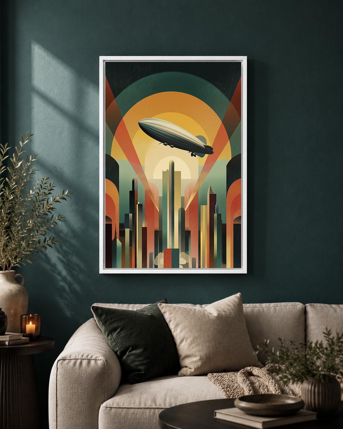 Art Deco Airship Framed Canvas Print, Retro Futurism Zeppelin Cityscape Wall Art by The Wall Art Studio - physical
