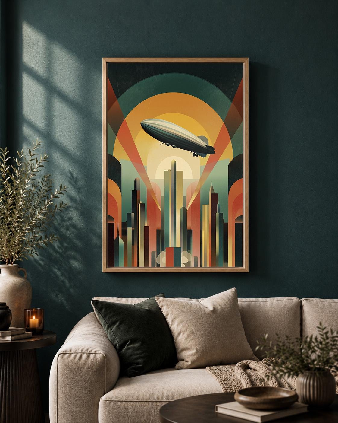 Art Deco Airship Framed Canvas Print, Retro Futurism Zeppelin Cityscape Wall Art by The Wall Art Studio - physical