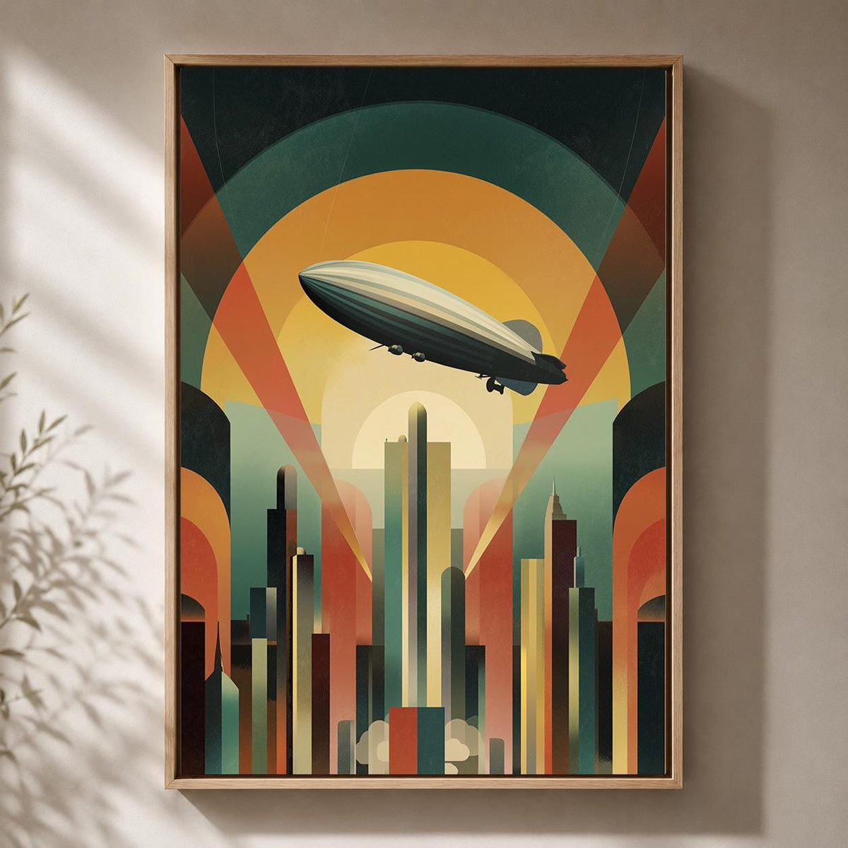Art Deco Airship Framed Canvas Print, Retro Futurism Zeppelin Cityscape Wall Art by The Wall Art Studio - physical